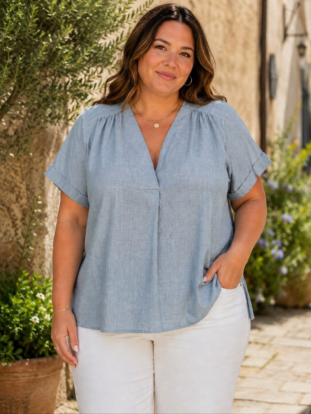 Max Studio Dusty Blue V-Neck Short Sleeve Blouse